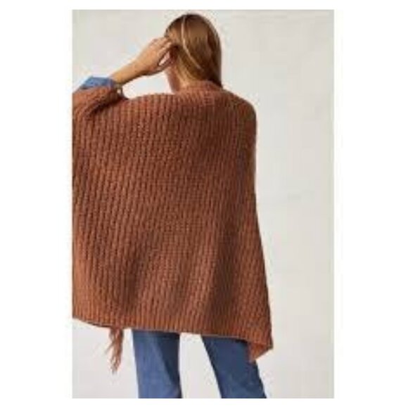 Anthropologie Women's Marled Fringe Poncho ONESIZE Bronze Knit Frontier Boho - Picture 2 of 12